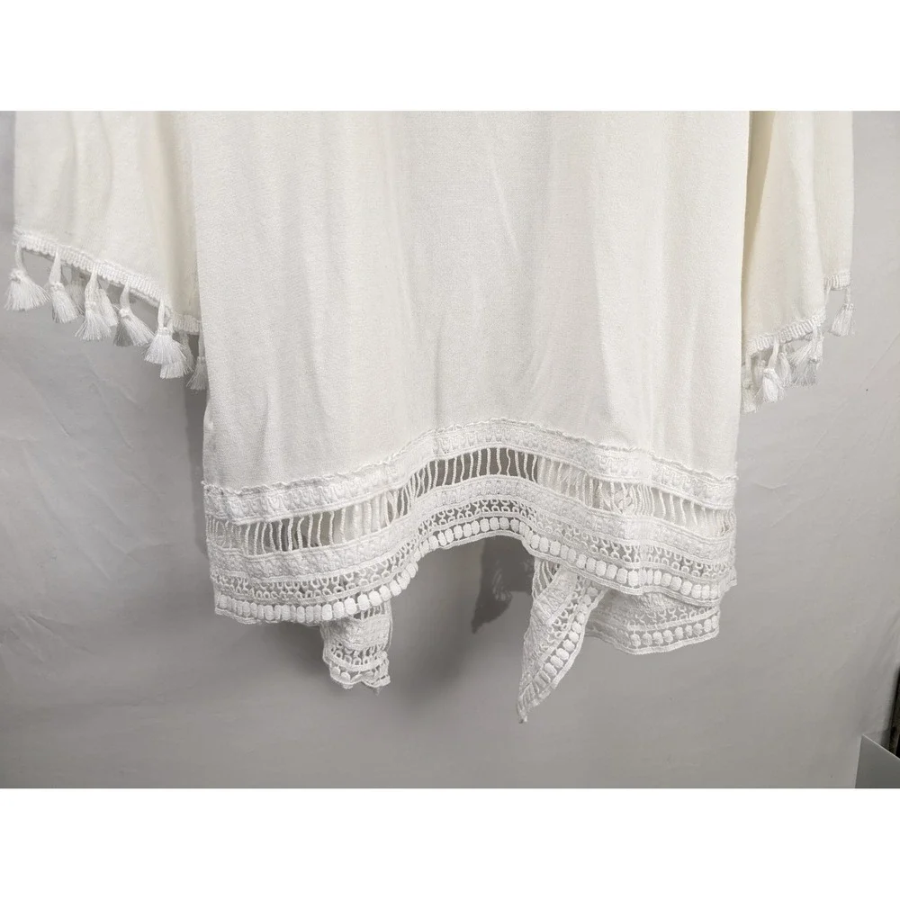 Boho Crochet Lace Tassel Fringe Open Cardigan Size S White Festival Beach Layer - Picture 8 of 9
